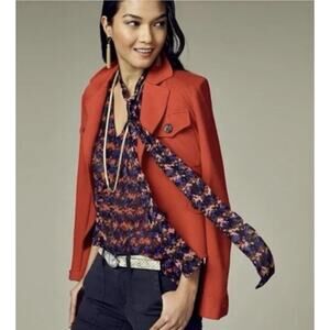 CAbi The Bonus Print Blouse Style Women’s Large Blue Red Chiffon V-Neck Top tie